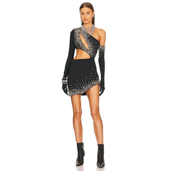 NBD Isla One Shoulder Mini Dress Cut Out Embellished Detachable Sleeve Black S - Picture 2 of 16